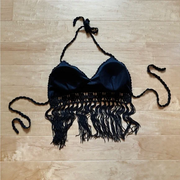 Black Crochet Halter Top with Fringe - Picture 3 of 4